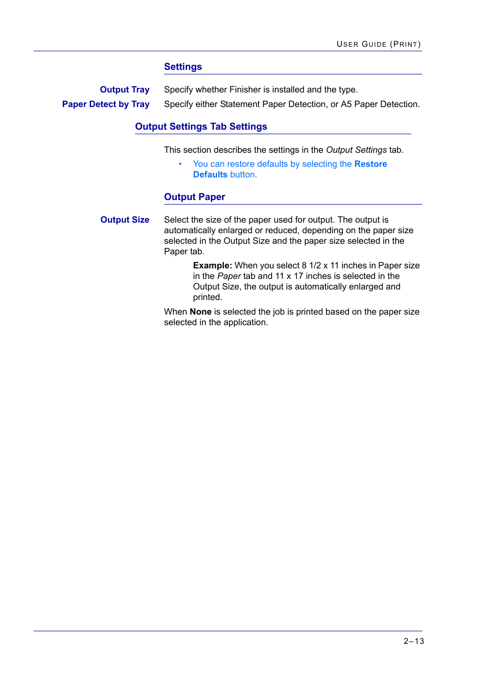 Output settings tab settings, Output settings tab settings 2-13, Output settings tab settings 13 | Xerox WorkCentre M24-2780 User Manual | Page 177 / 441