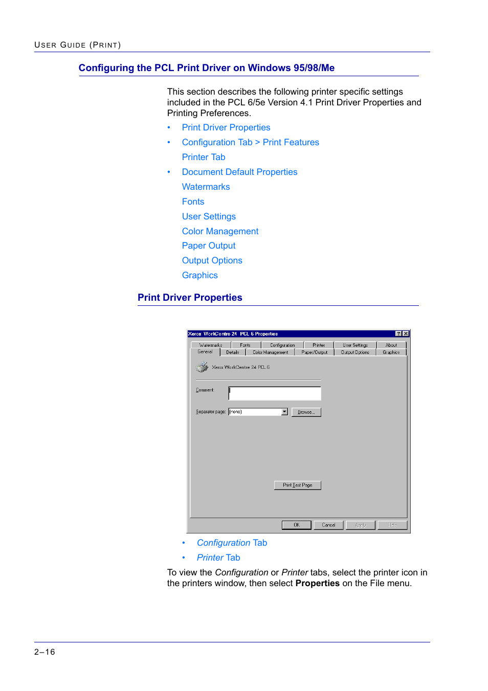 Print driver properties, Print driver properties 2-16, Print driver properties 16 | Xerox WorkCentre M24-2780 User Manual | Page 180 / 441