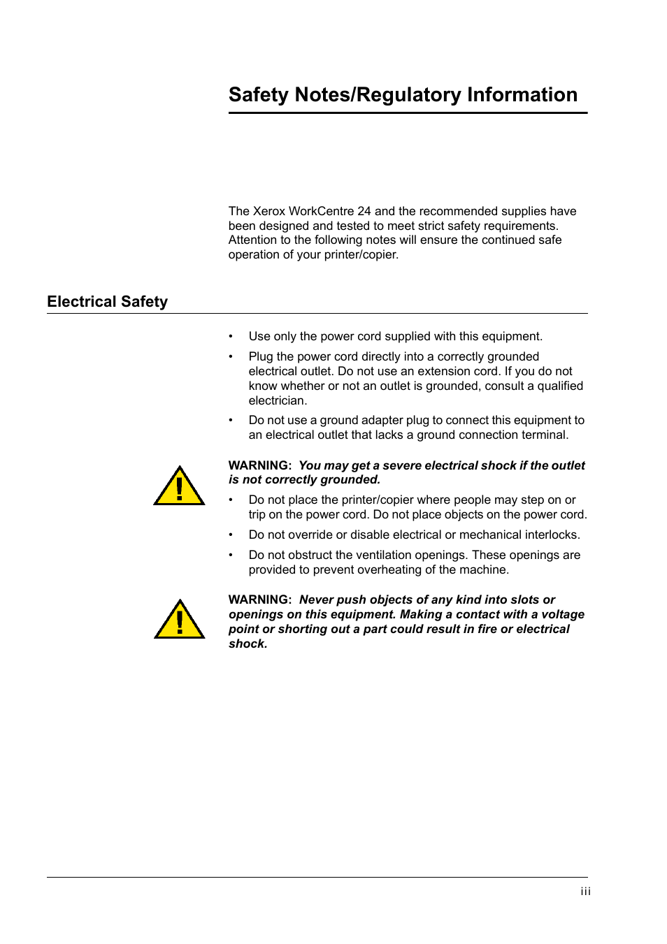 Safety notes/regulatory information, Electrical safety | Xerox WorkCentre M24-2780 User Manual | Page 19 / 441