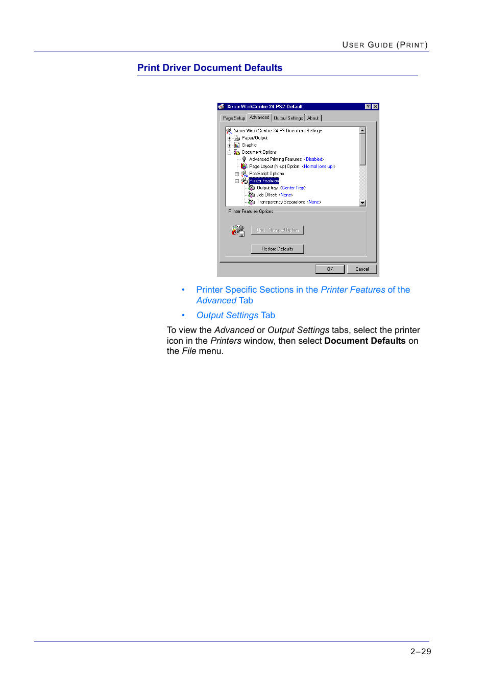 Print driver document defaults, Print driver document defaults 2-29, Print driver document defaults 29 | Xerox WorkCentre M24-2780 User Manual | Page 193 / 441