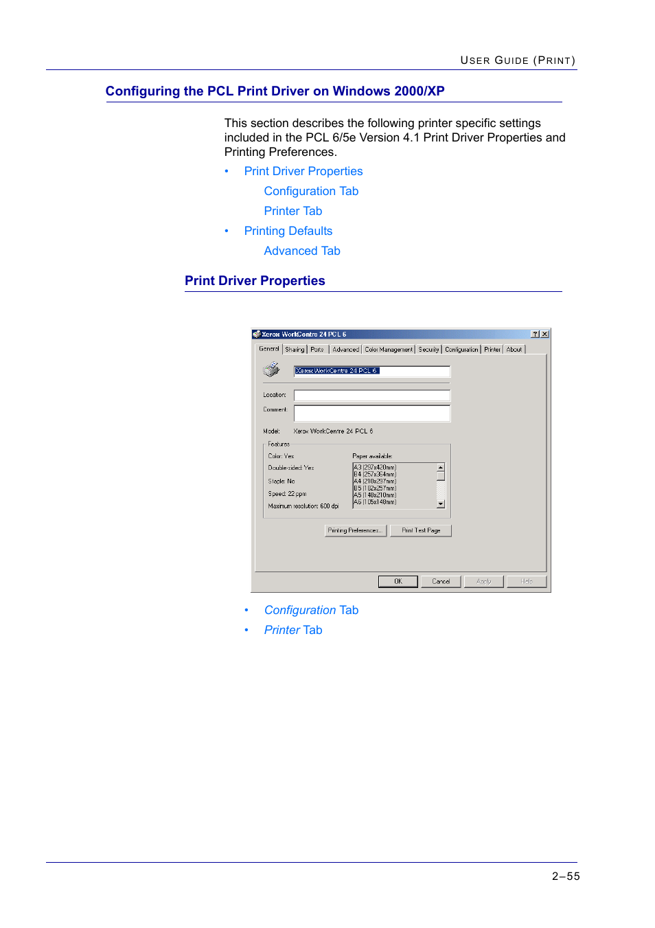 Print driver properties, Print driver properties 2-55, Print driver properties 55 | Xerox WorkCentre M24-2780 User Manual | Page 219 / 441