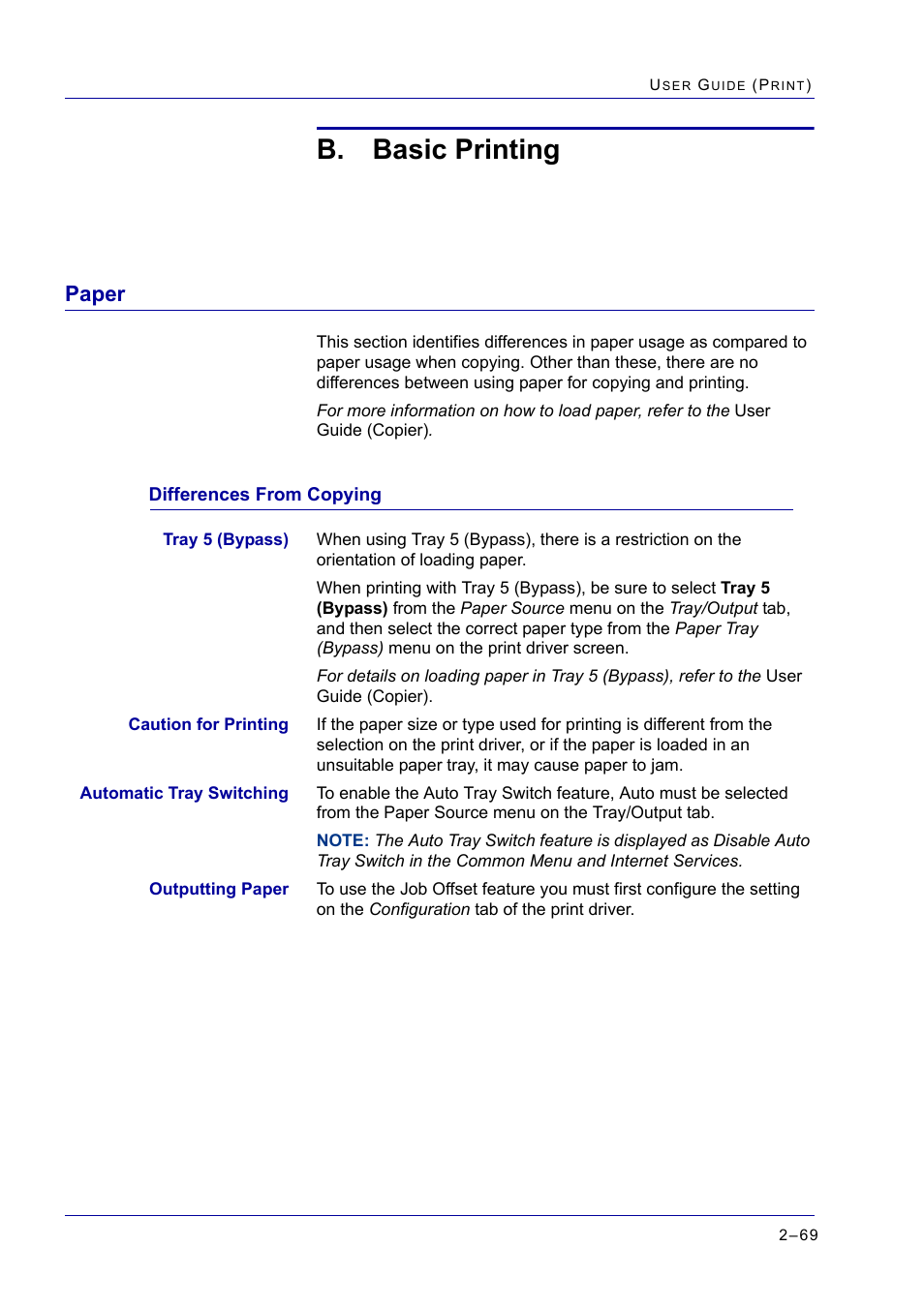 B. basic printing, Paper, Differences from copying | Basic printing 2-69, Paper 2-69, Differences from copying 2-69, Paper 69, Differences from copying 69 | Xerox WorkCentre M24-2780 User Manual | Page 233 / 441