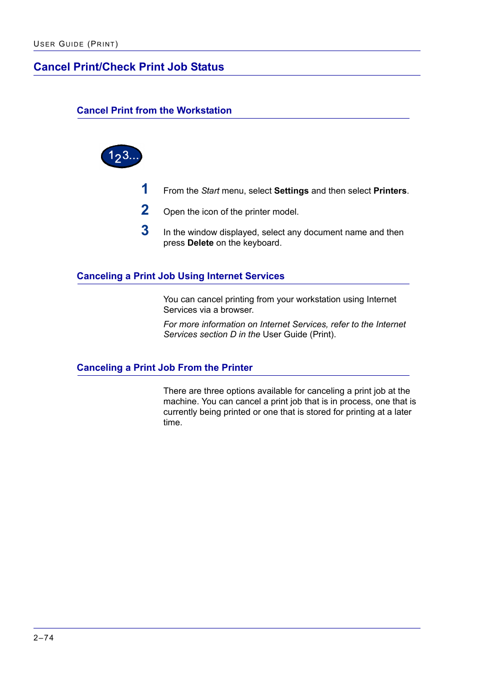 Cancel print/check print job status, Cancel print from the workstation, Canceling a print job using internet services | Canceling a print job from the printer, Cancel print/check print job status 2-74, Cancel print/check print job status 74 | Xerox WorkCentre M24-2780 User Manual | Page 238 / 441