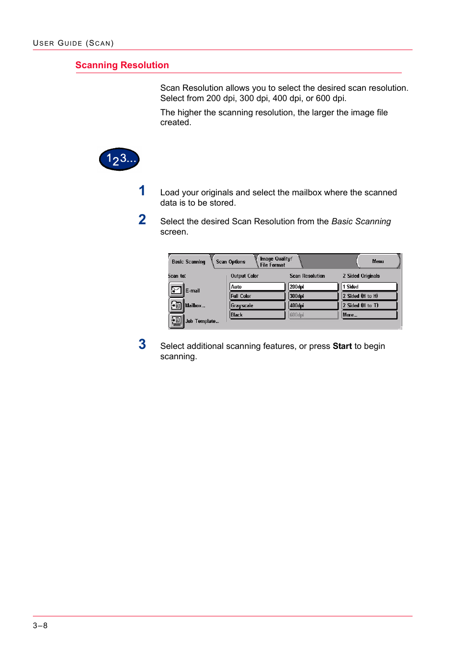 Scanning resolution, Scanning resolution 3-8, Scanning resolution 8 | Xerox WorkCentre M24-2780 User Manual | Page 298 / 441