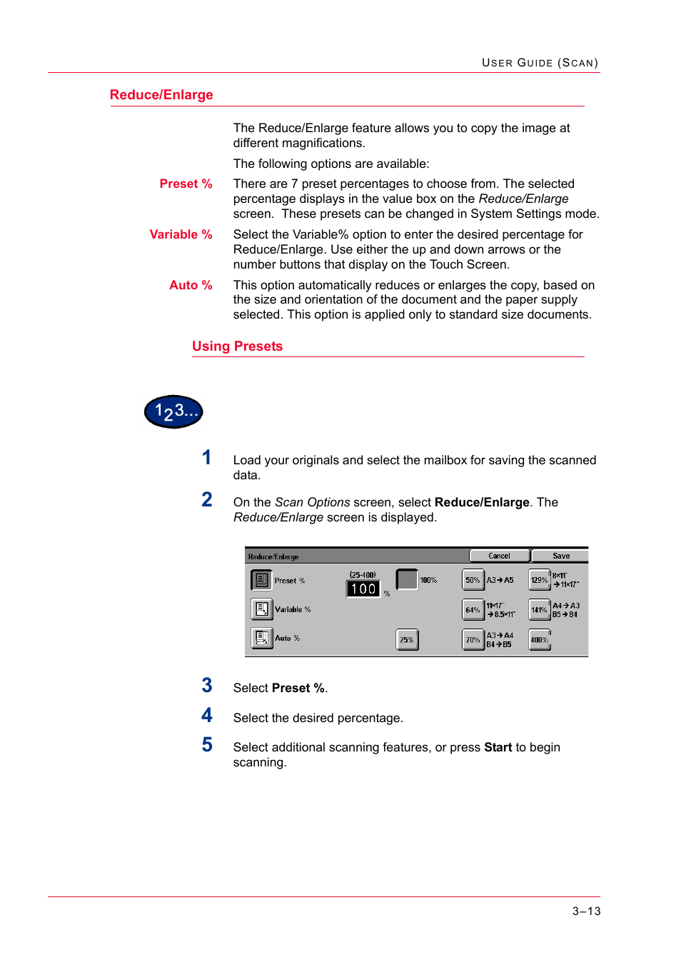 Reduce/enlarge, Using presets, Reduce/enlarge 3-13 | Using presets 3-13, Reduce/enlarge 13, Using presets 13 | Xerox WorkCentre M24-2780 User Manual | Page 303 / 441