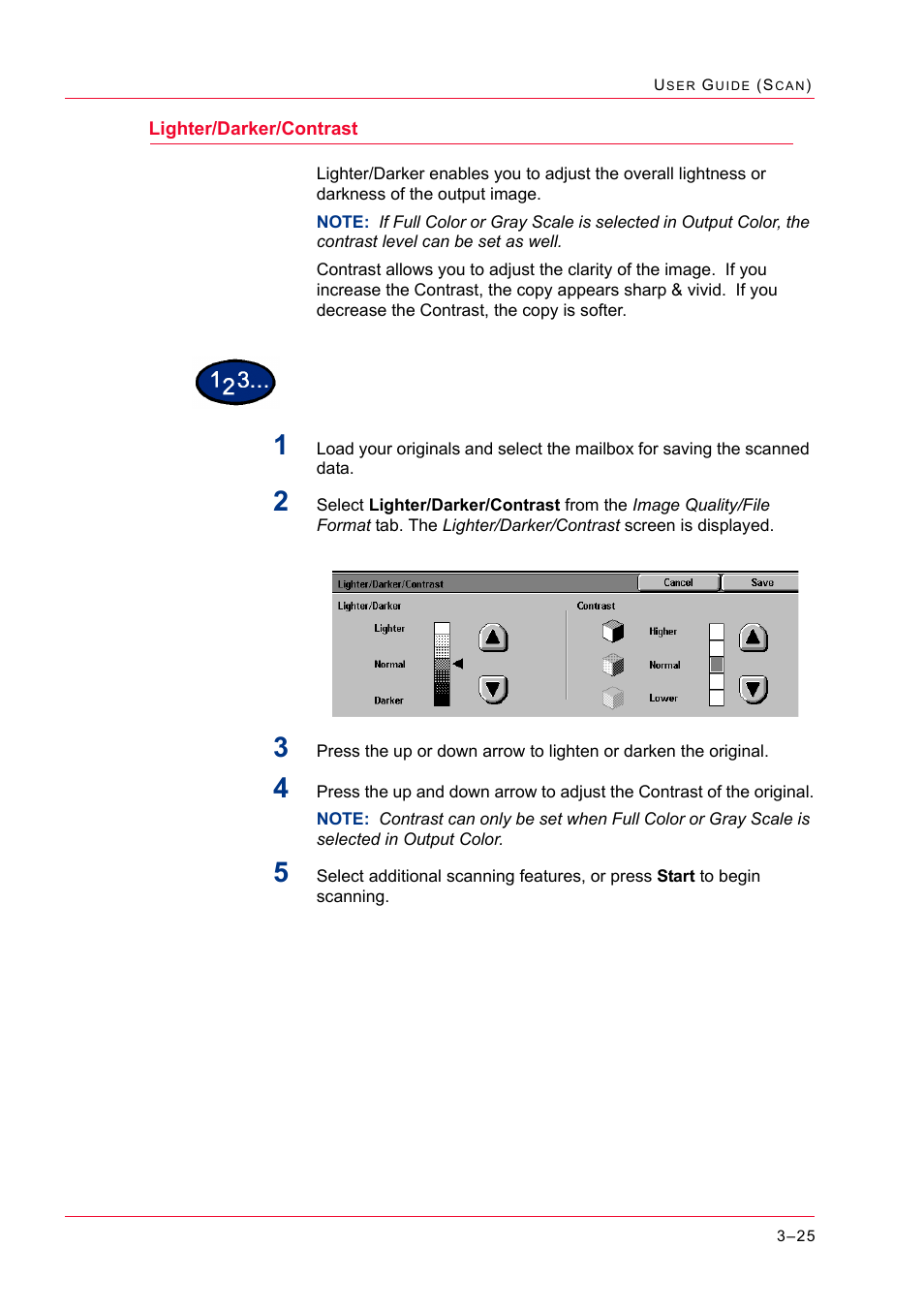 Lighter/darker/contrast, Lighter/darker/contrast 3-25, Lighter/darker/contrast 25 | Xerox WorkCentre M24-2780 User Manual | Page 315 / 441