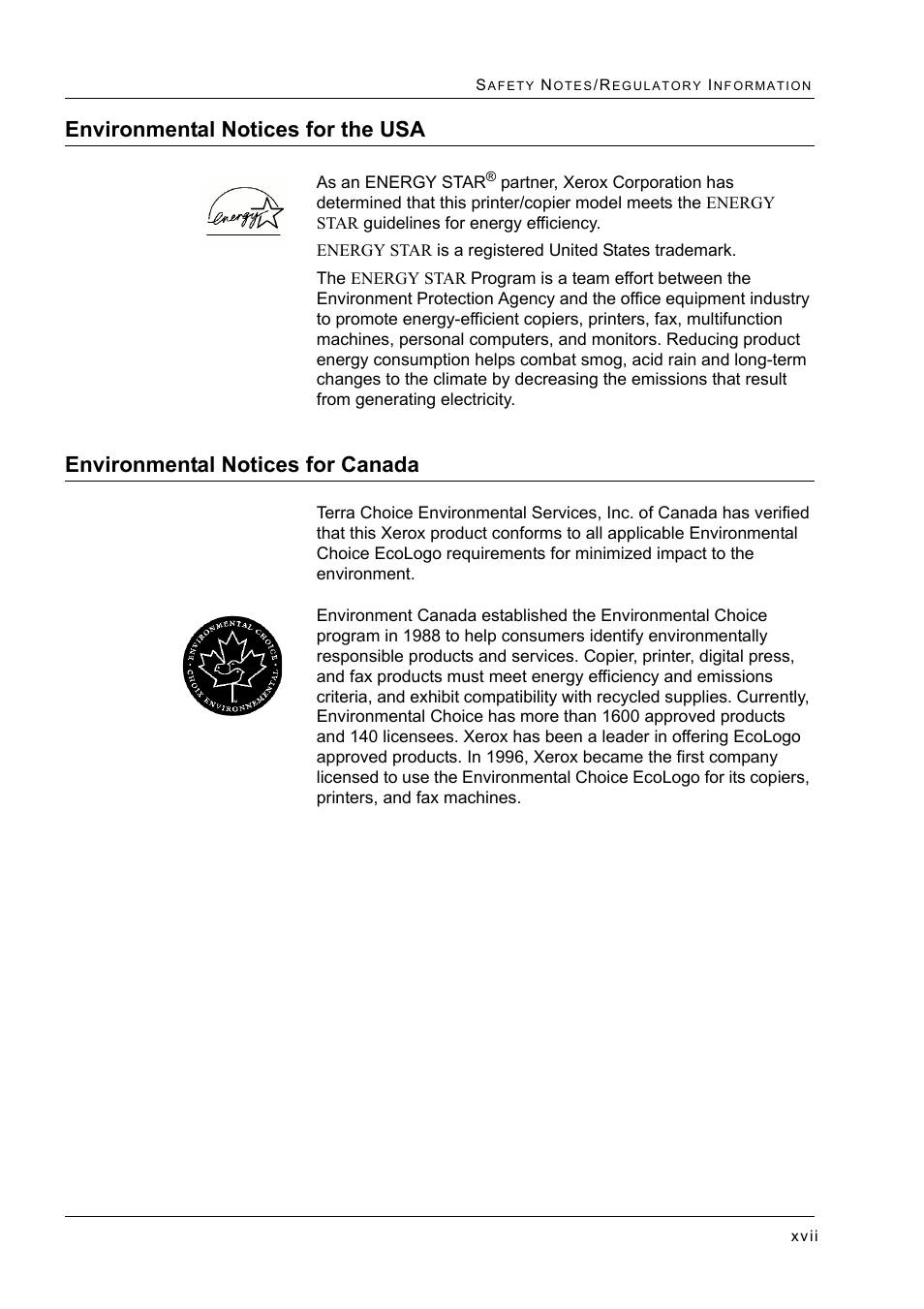 Environmental notices for the usa, Environmental notices for canada | Xerox WorkCentre M24-2780 User Manual | Page 33 / 441