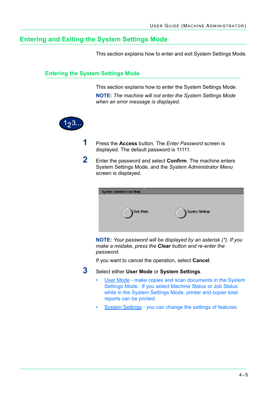 Entering and exiting the system settings mode, Entering the system settings mode, Entering and exiting the system settings mode 4-5 | Entering the system settings mode 4-5, Entering and exiting the system settings mode 5, Entering the system settings mode 5 | Xerox WorkCentre M24-2780 User Manual | Page 339 / 441