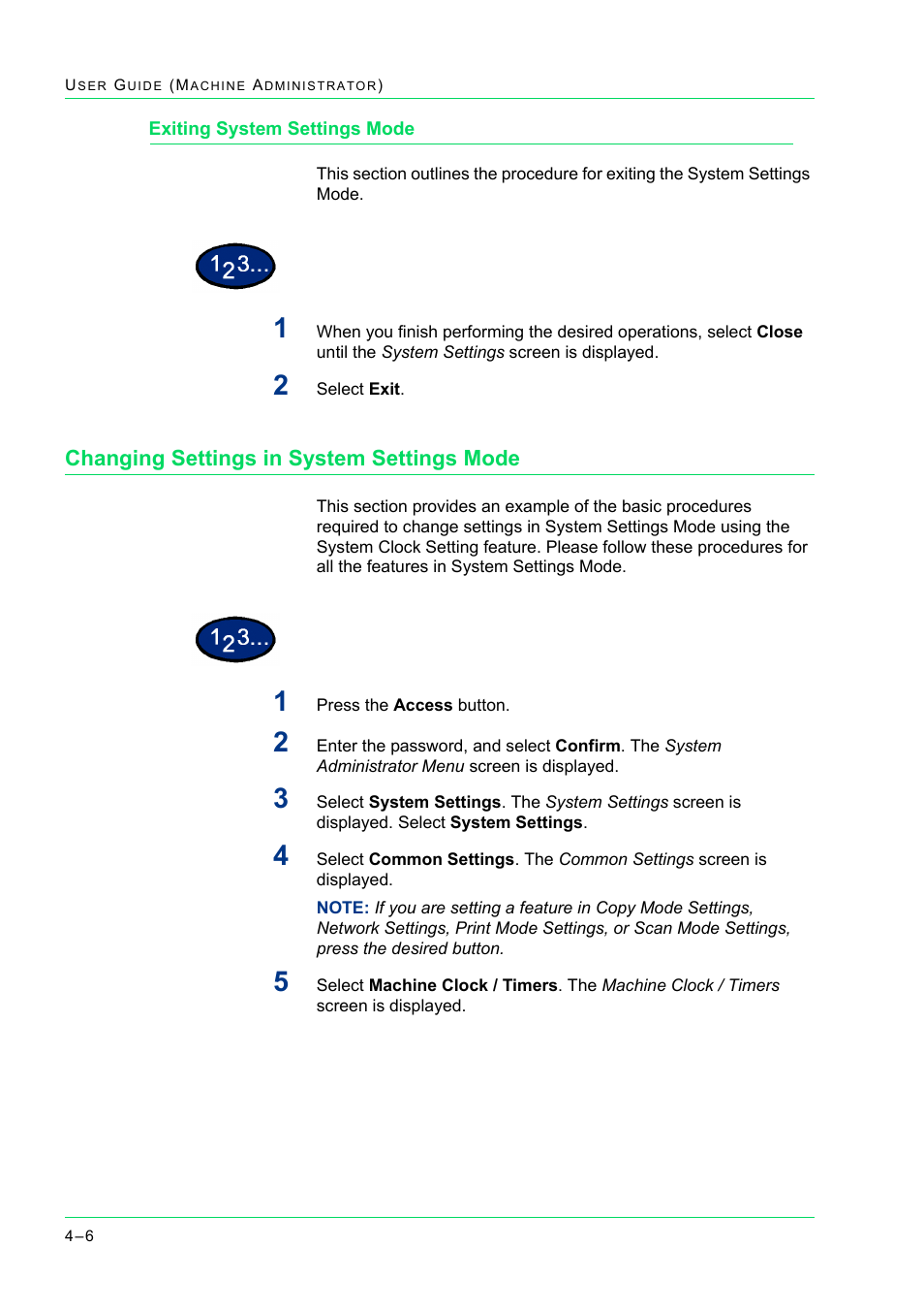 Exiting system settings mode, Changing settings in system settings mode, Exiting system settings mode 4-6 | Changing settings in system settings mode 4-6, Exiting system settings mode 6, Changing settings in system settings mode 6 | Xerox WorkCentre M24-2780 User Manual | Page 340 / 441