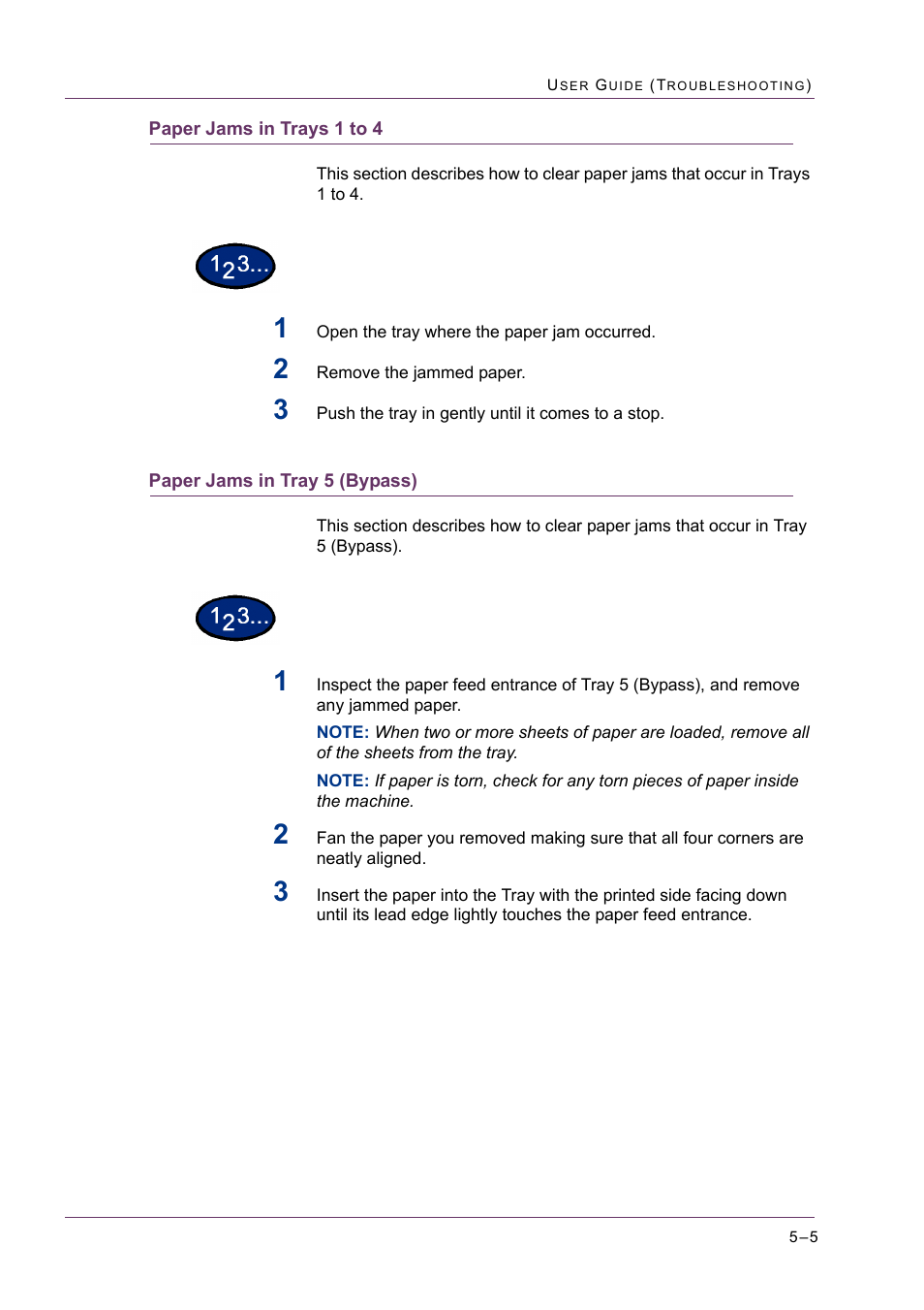 Paper jams in trays 1 to 4, Paper jams in tray 5 (bypass) | Xerox WorkCentre M24-2780 User Manual | Page 411 / 441