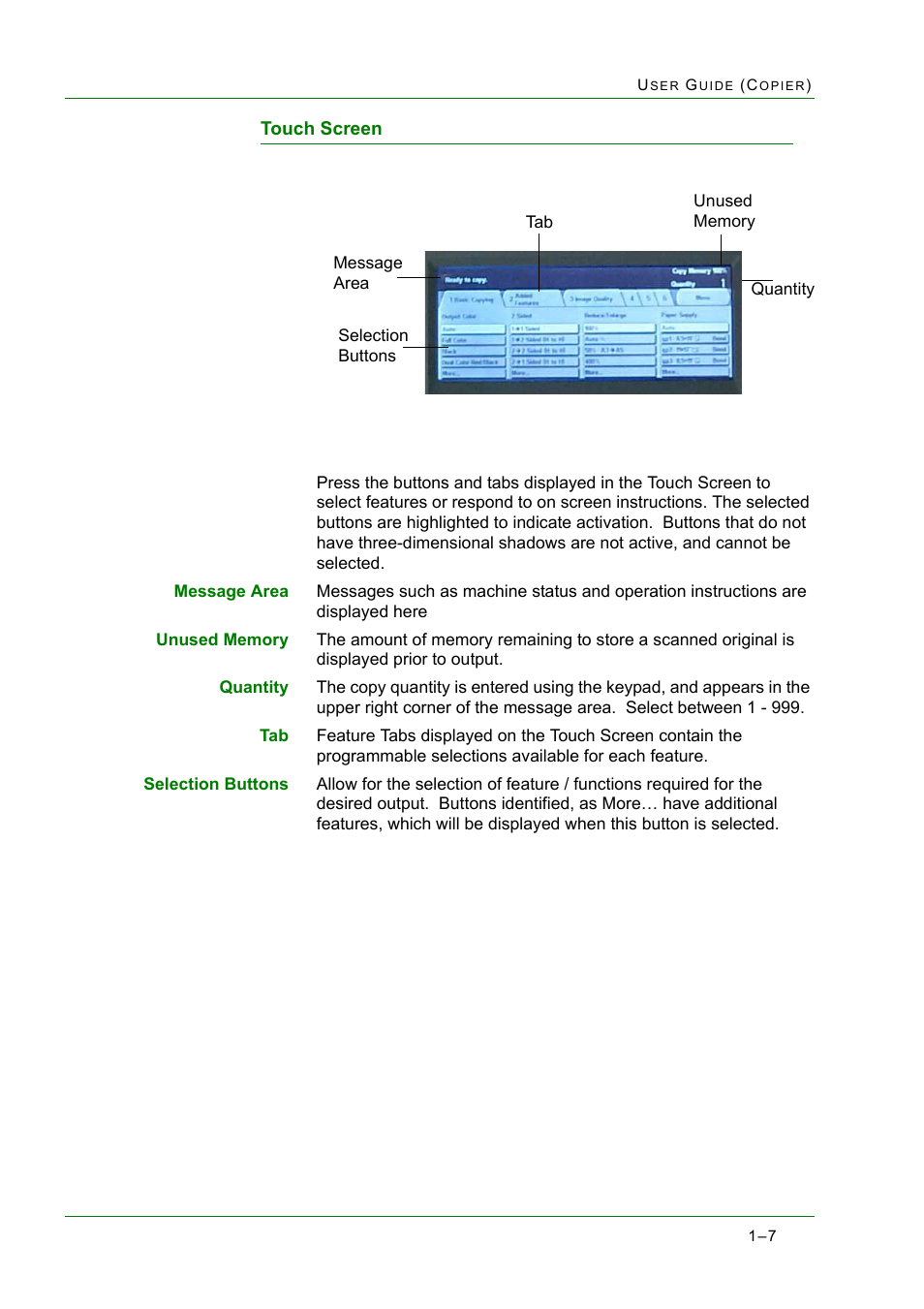 Touch screen, Touch screen 1-7, Touch screen 7 | Xerox WorkCentre M24-2780 User Manual | Page 49 / 441