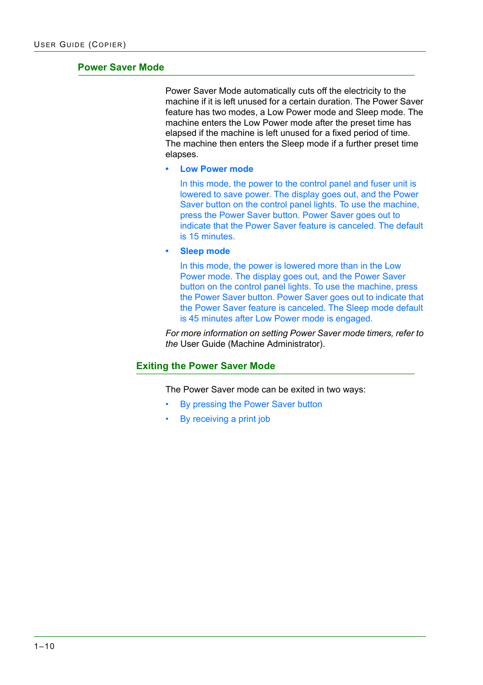 Power saver mode, Exiting the power saver mode, Power saver mode 1-10 | Exiting the power saver mode 1-10, Power saver mode 10, Exiting the power saver mode 10 | Xerox WorkCentre M24-2780 User Manual | Page 52 / 441