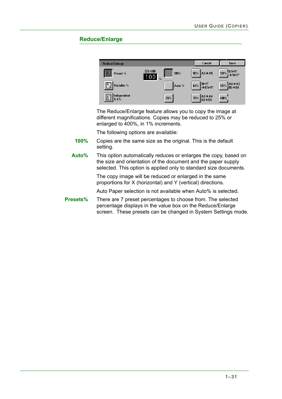 Reduce/enlarge, Reduce/enlarge 1-31, Reduce/enlarge 31 | Xerox WorkCentre M24-2780 User Manual | Page 73 / 441