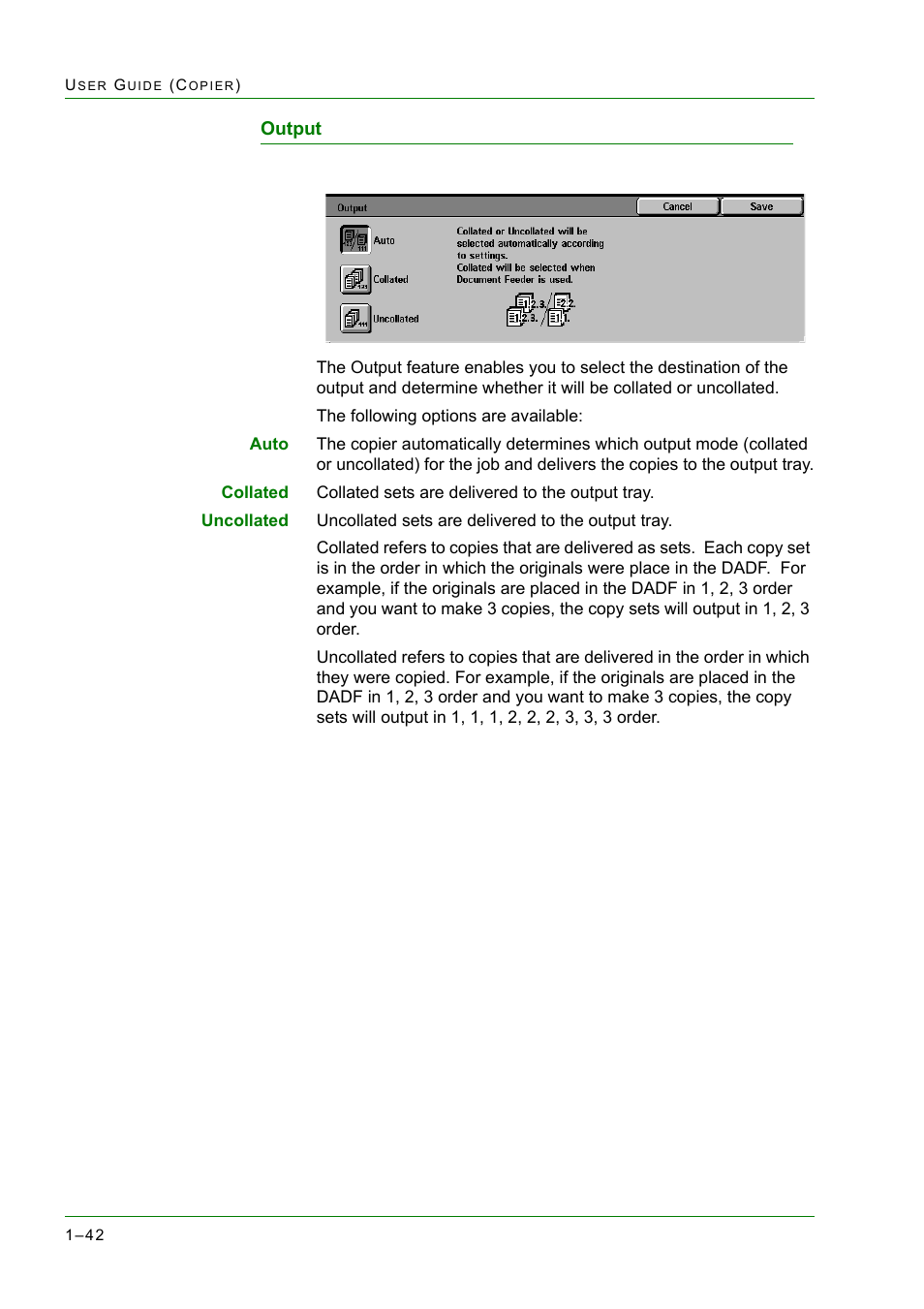 Output, Output 1-42, Output 42 | Xerox WorkCentre M24-2780 User Manual | Page 84 / 441