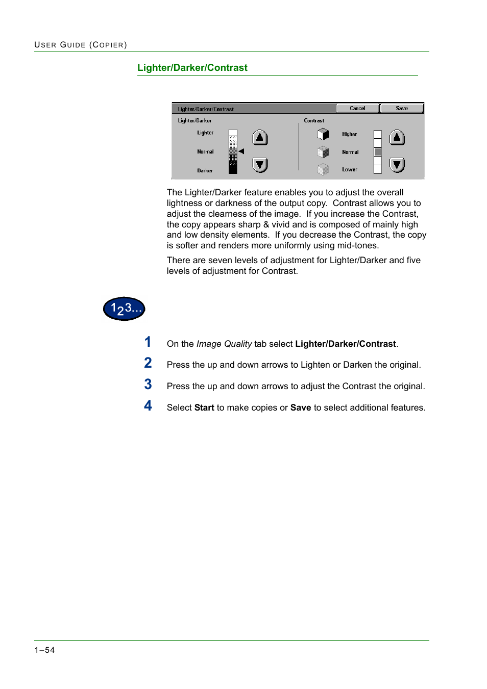 Lighter/darker/contrast, Lighter/darker/contrast 1-54, Lighter/darker/contrast 54 | Xerox WorkCentre M24-2780 User Manual | Page 96 / 441