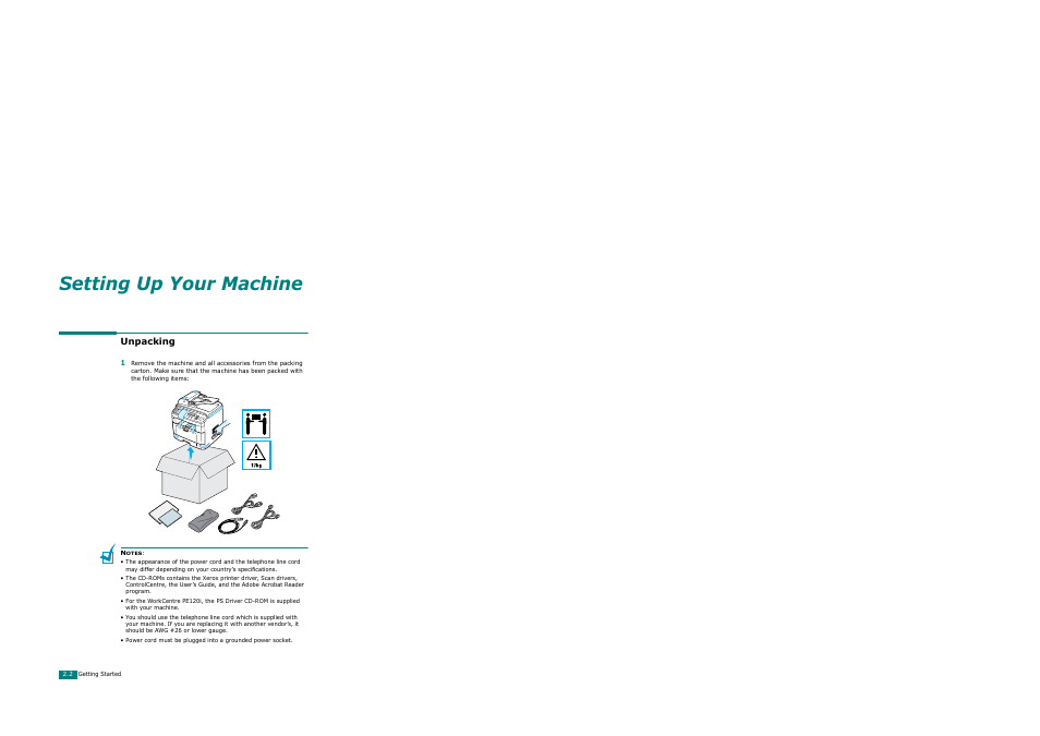 Unpacking, Setting up your machine | Xerox WorkCentre PE120-120i-3124 User Manual | Page 28 / 283
