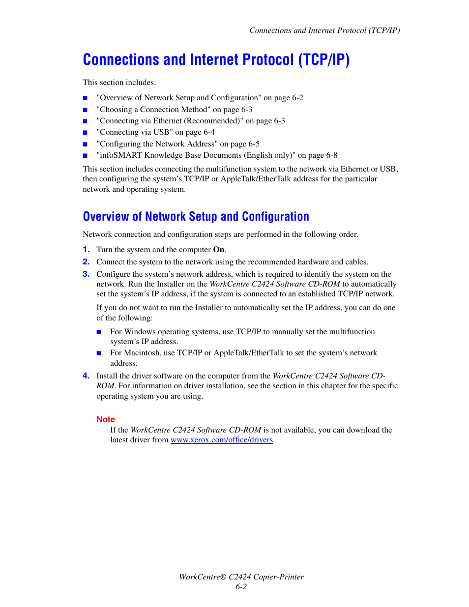 Connections and internet protocol (tcp/ip), Overview of network setup and configuration | Xerox WorkCentre C2424-5984 User Manual | Page 2 / 43