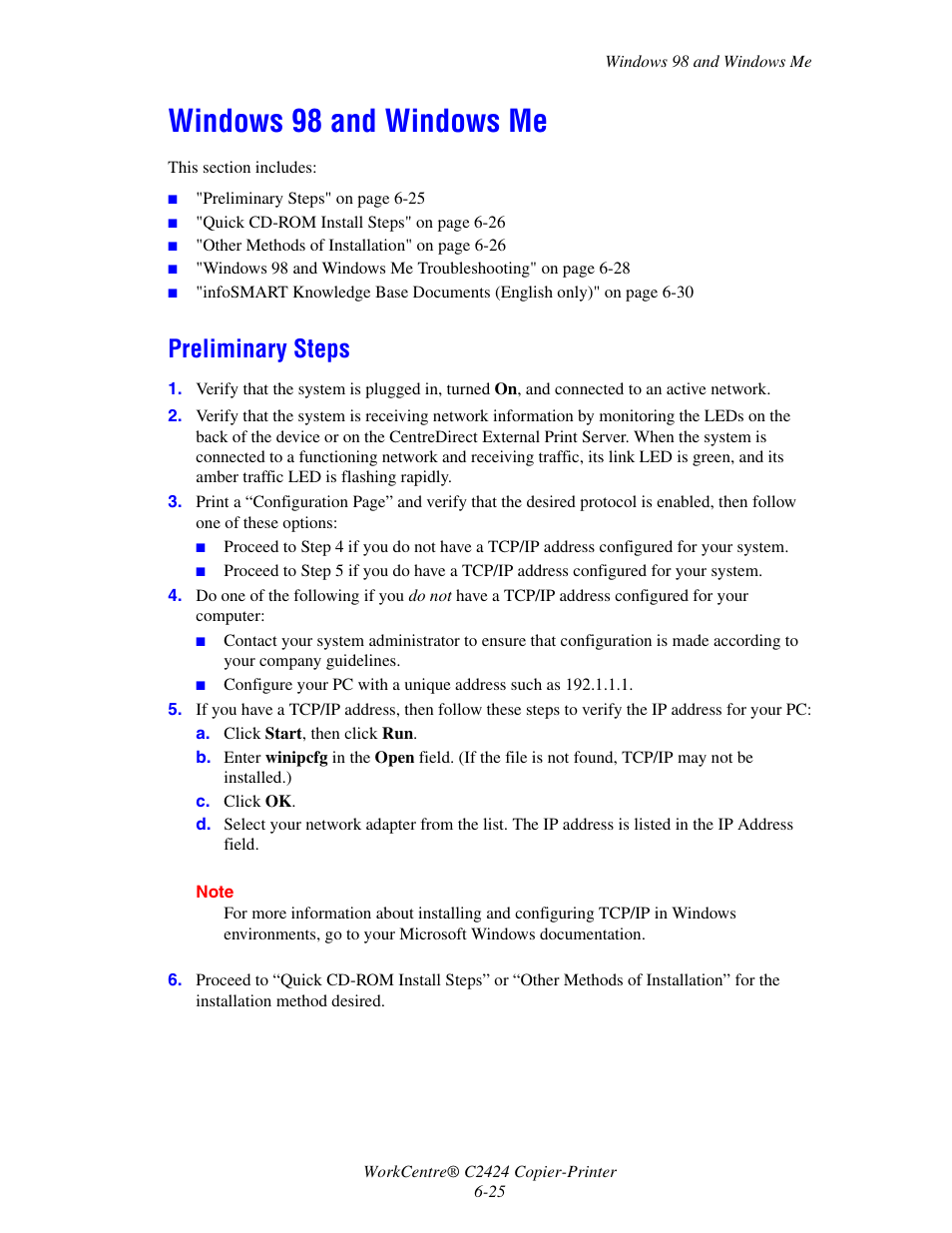 Windows 98 and windows me, Preliminary steps | Xerox WorkCentre C2424-5984 User Manual | Page 25 / 43