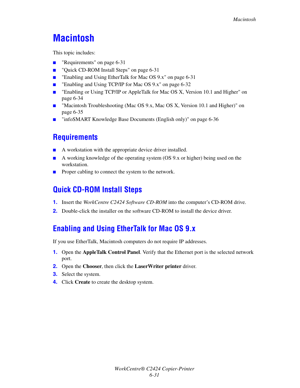 Macintosh, Requirements, Quick cd-rom install steps | Enabling and using ethertalk for mac os 9.x | Xerox WorkCentre C2424-5984 User Manual | Page 31 / 43