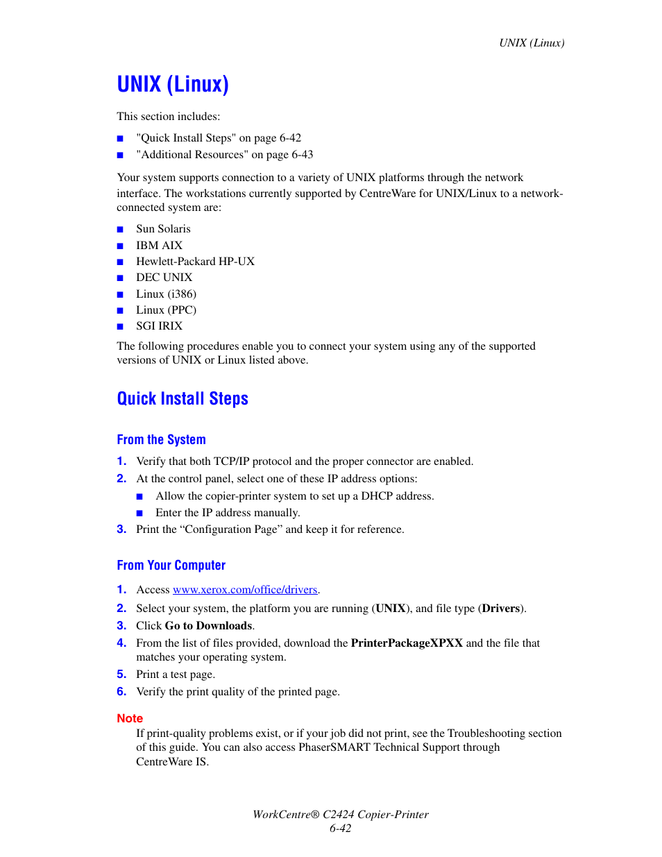 Unix (linux), Quick install steps | Xerox WorkCentre C2424-5984 User Manual | Page 42 / 43