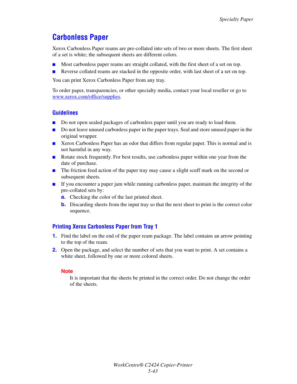 Carbonless paper, Carbonless paper -43 | Xerox WorkCentre C2424-3833 User Manual | Page 128 / 272