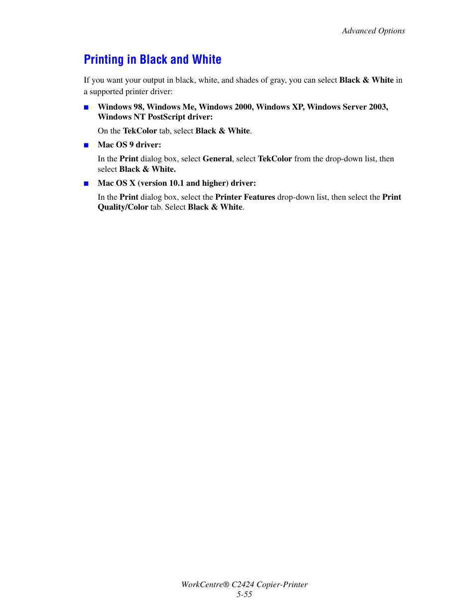 Printing in black and white, Printing in black and white -55 | Xerox WorkCentre C2424-3833 User Manual | Page 140 / 272