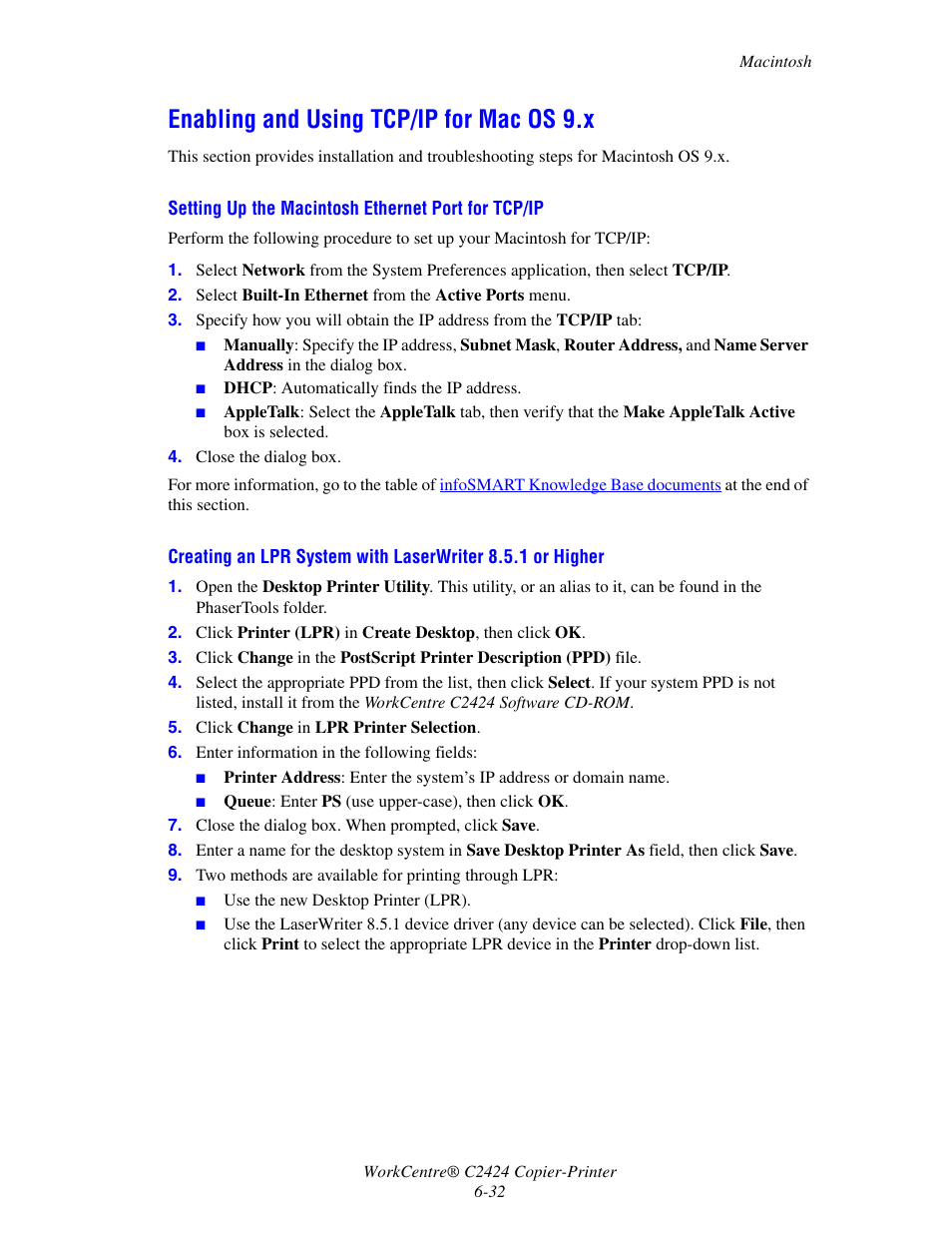 Enabling and using tcp/ip for mac os 9.x, Enabling and using tcp/ip for mac os 9.x -32 | Xerox WorkCentre C2424-3833 User Manual | Page 182 / 272