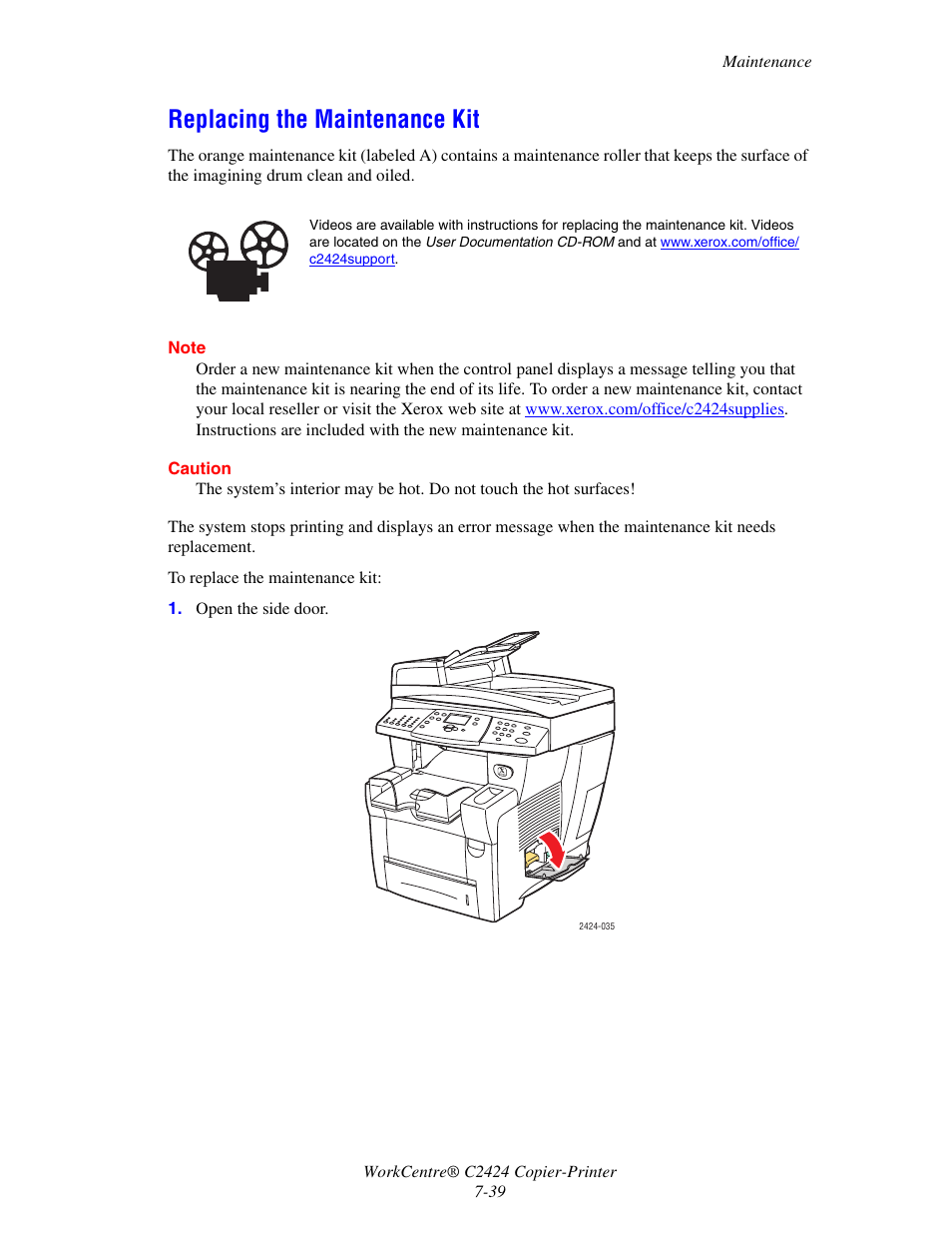 Replacing the maintenance kit, Replacing the maintenance kit -39 | Xerox WorkCentre C2424-3833 User Manual | Page 232 / 272