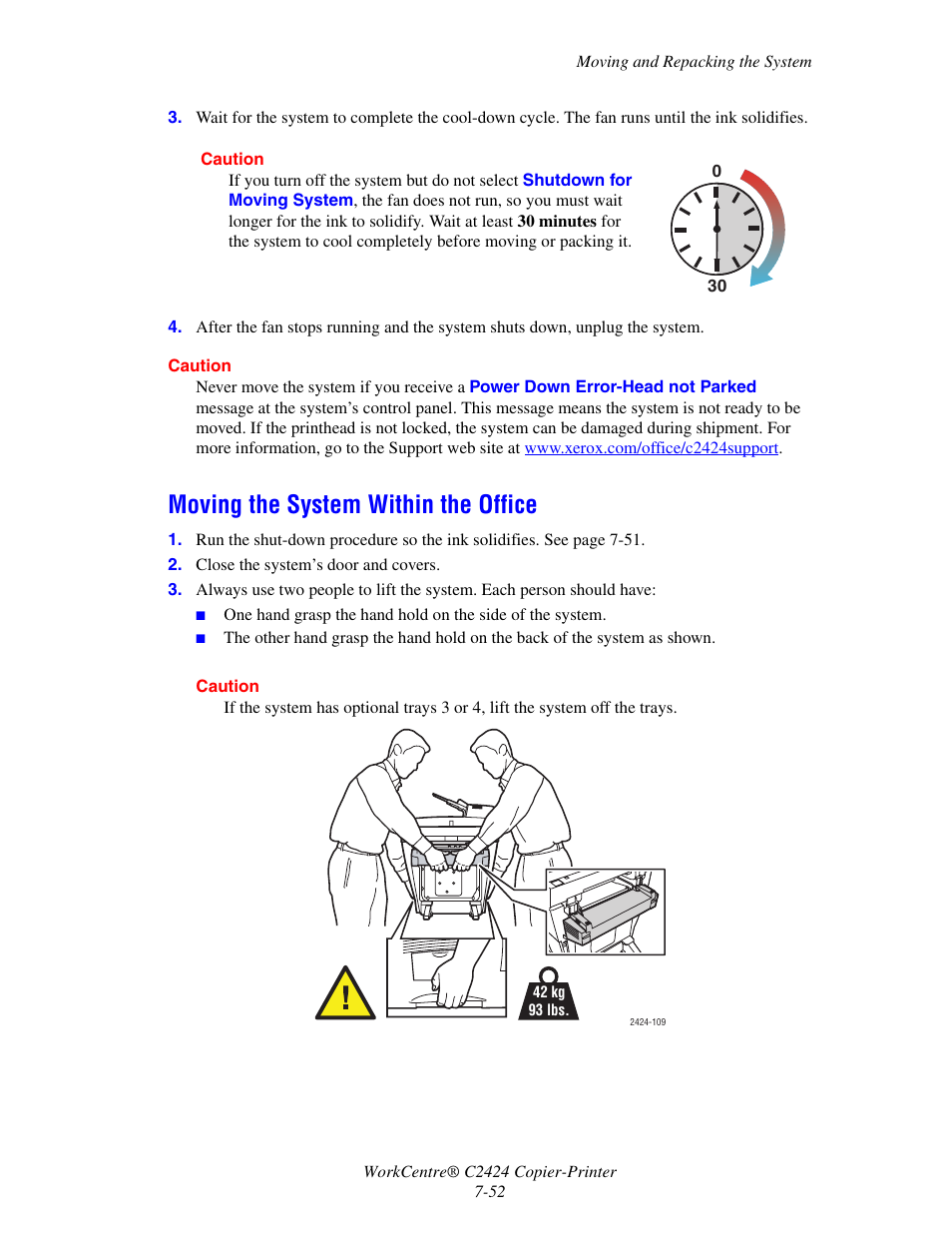 Moving the system within the office, Moving the system within the office -52 | Xerox WorkCentre C2424-3833 User Manual | Page 245 / 272