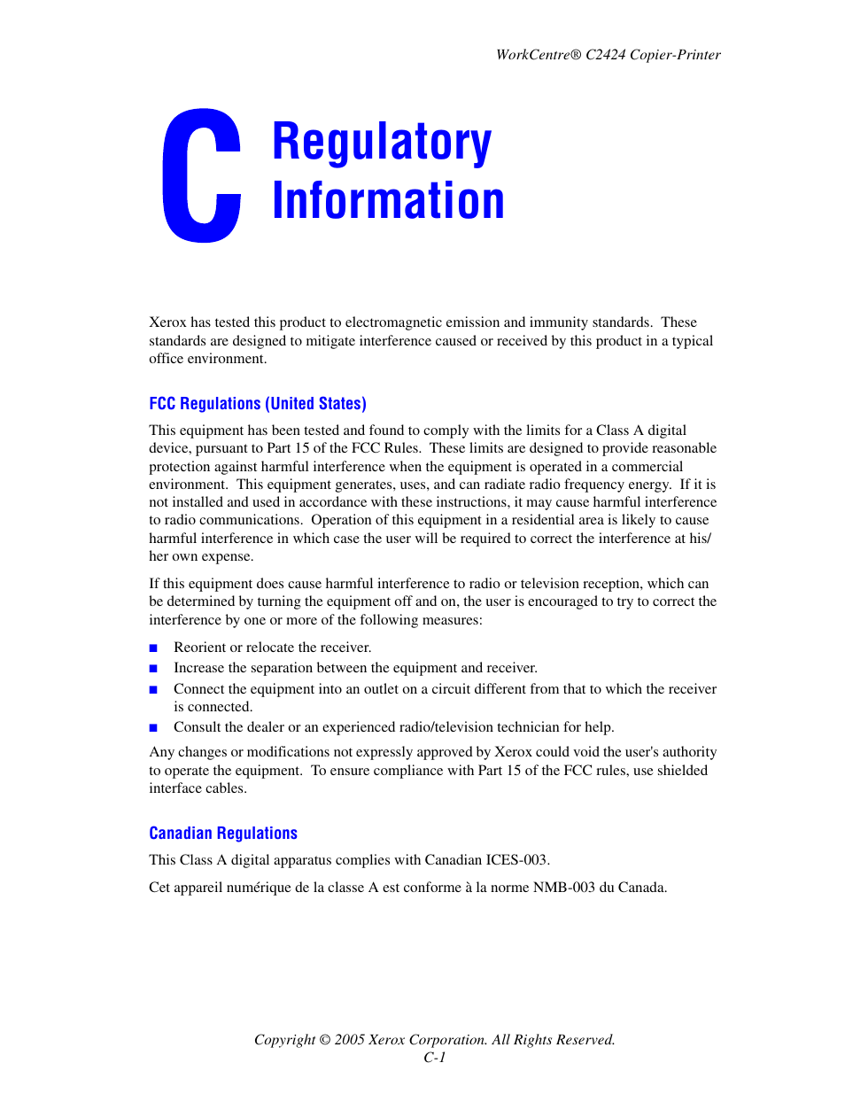 Regulatory information | Xerox WorkCentre C2424-3833 User Manual | Page 259 / 272