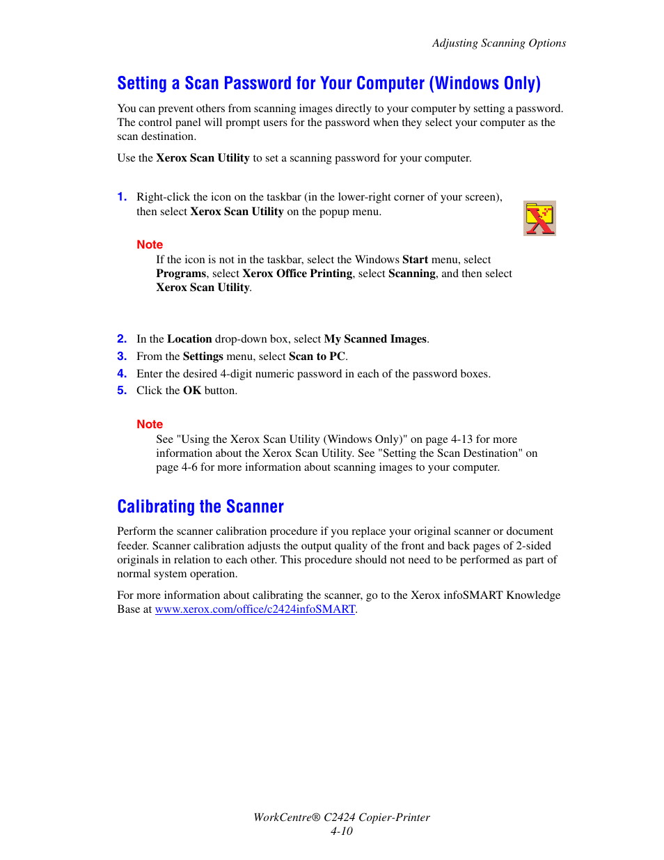Calibrating the scanner | Xerox WorkCentre C2424-3833 User Manual | Page 74 / 272