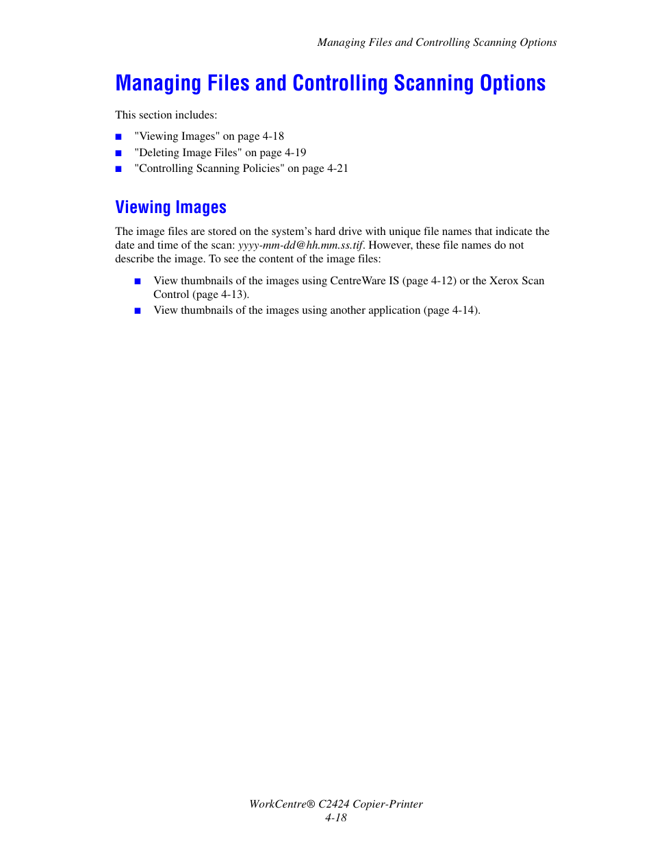 Managing files and controlling scanning options, Viewing images, Viewing images -18 | Xerox WorkCentre C2424-3833 User Manual | Page 82 / 272