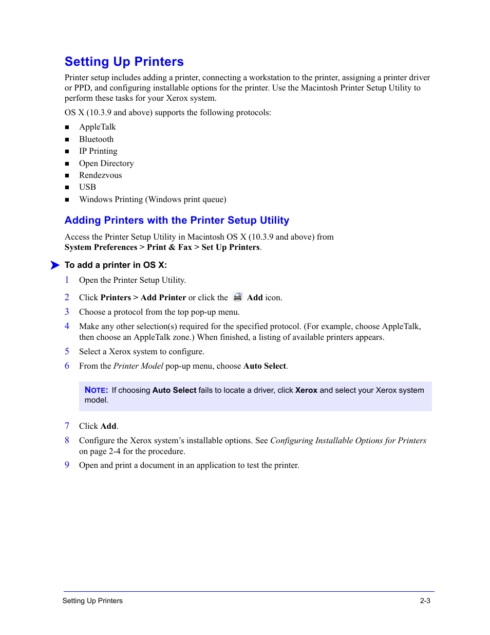 Setting up printers, Adding printers with the printer setup utility, Setting up printers -3 | Adding printers with the printer setup utility -3 | Xerox WorkCentre 7655-7665-7675-2530 User Manual | Page 13 / 32