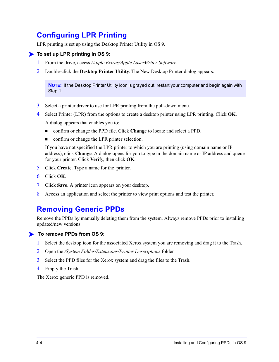 Configuring lpr printing, Removing generic ppds, Configuring lpr printing -4 | Removing generic ppds -4 | Xerox WorkCentre 7655-7665-7675-2530 User Manual | Page 22 / 32