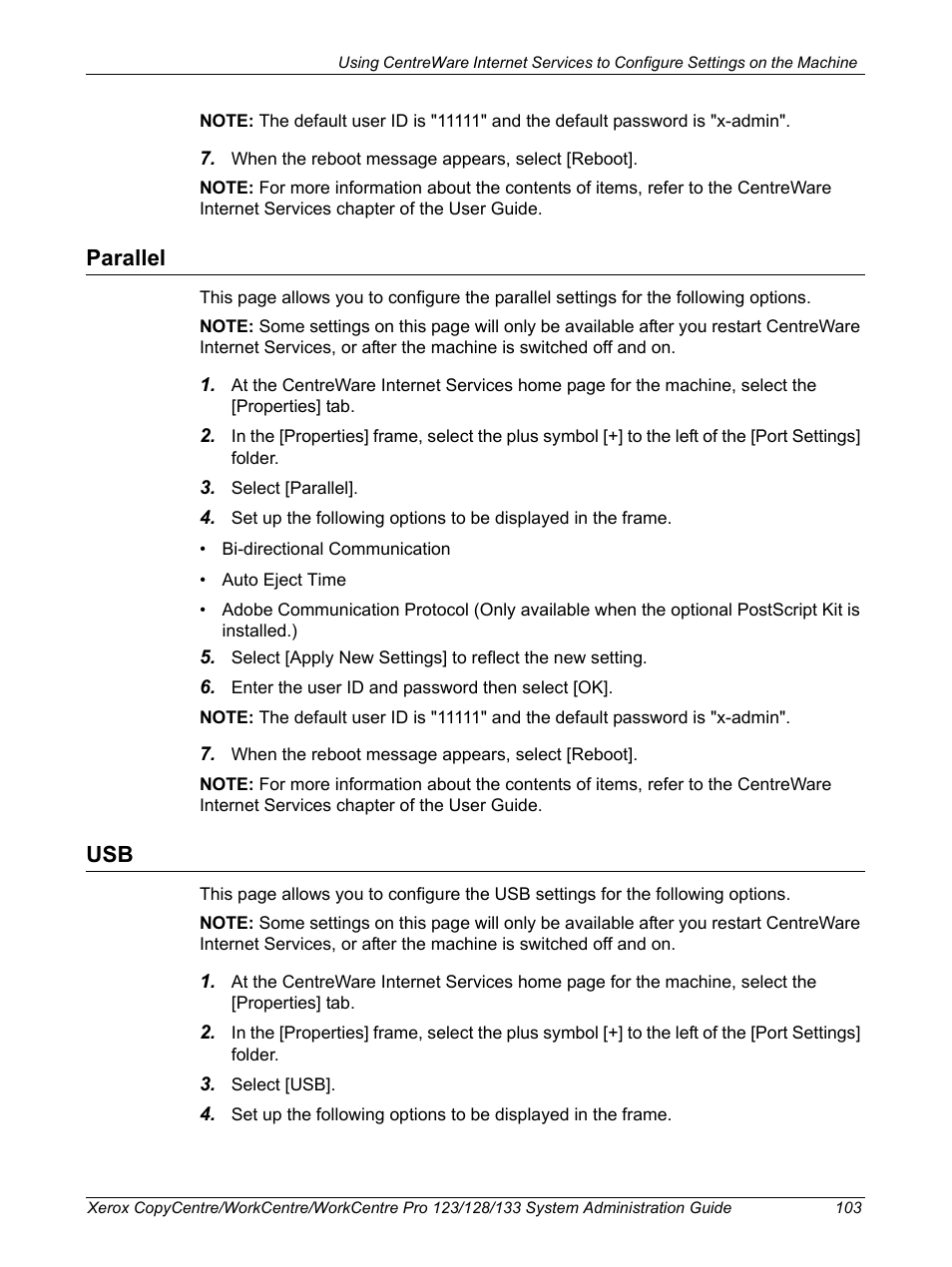 Parallel, Parallel usb | Xerox WorkCentre M123-M128-6336 User Manual | Page 103 / 166