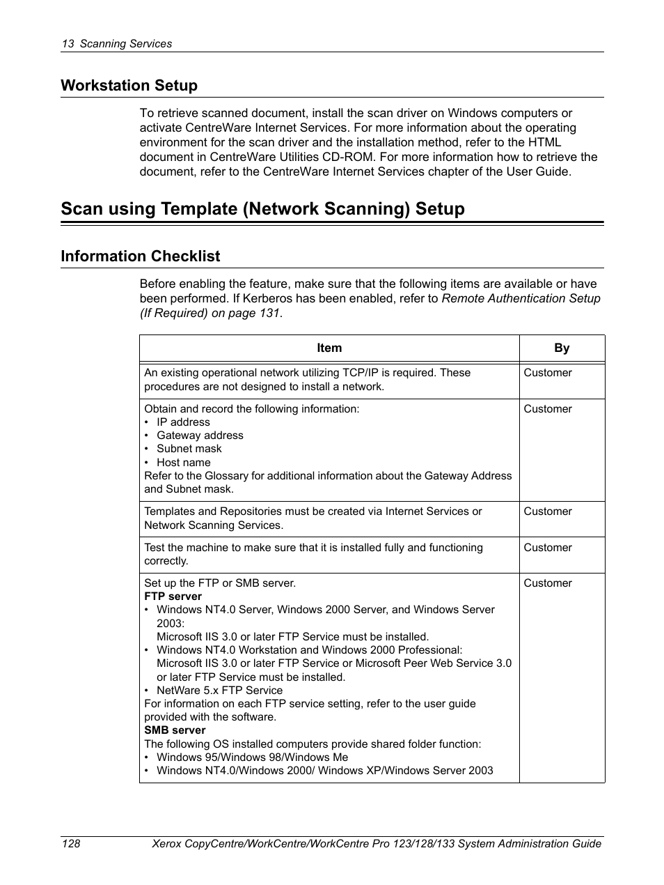 Workstation setup, Scan using template (network scanning) setup, Information checklist | Xerox WorkCentre M123-M128-6336 User Manual | Page 128 / 166