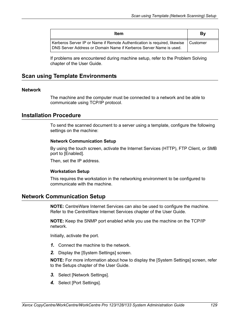 Scan using template environments, Installation procedure, Network communication setup | Xerox WorkCentre M123-M128-6336 User Manual | Page 129 / 166