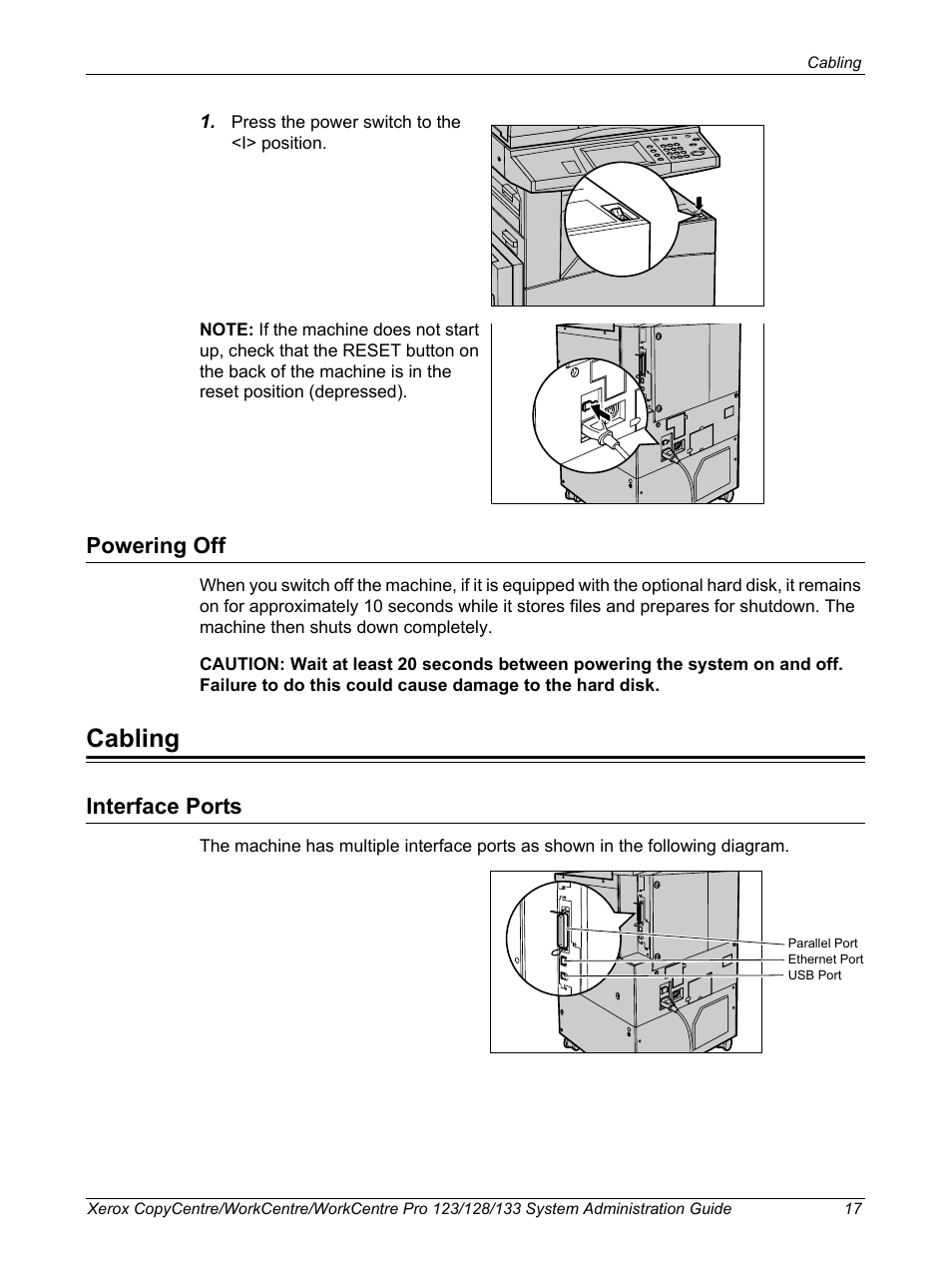 Powering off, Cabling, Interface ports | Xerox WorkCentre M123-M128-6336 User Manual | Page 17 / 166