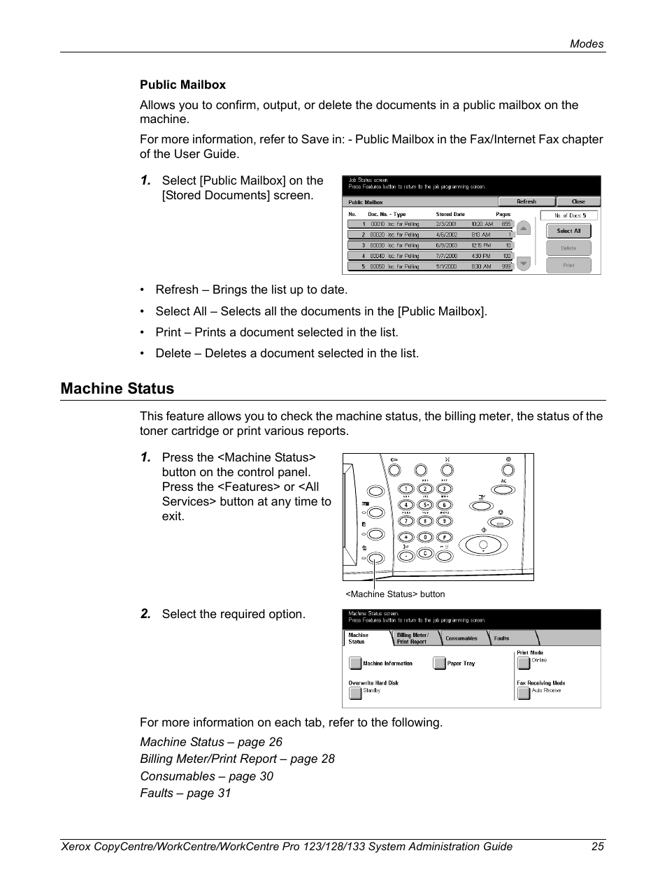 Machine status | Xerox WorkCentre M123-M128-6336 User Manual | Page 25 / 166