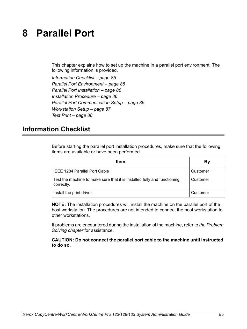 8 parallel port, Information checklist, Parallel port | Xerox WorkCentre M123-M128-6336 User Manual | Page 85 / 166
