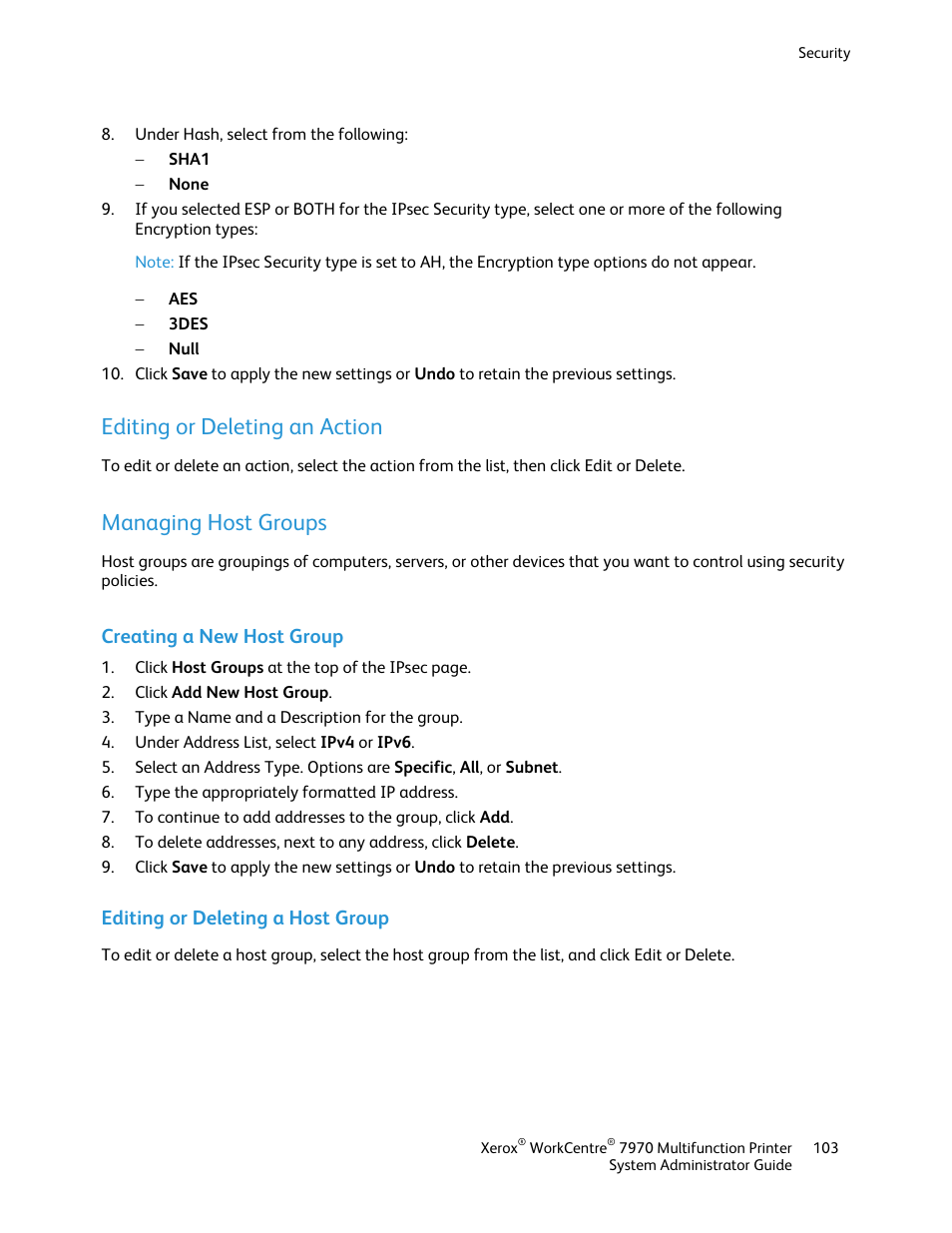 Editing or deleting an action, Managing host groups, Creating a new host group | Editing or deleting a host group | Xerox WorkCentre 7970-2606 User Manual | Page 103 / 268