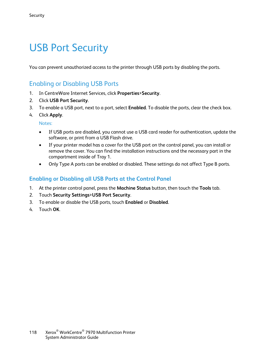 Usb port security, Enabling or disabling usb ports | Xerox WorkCentre 7970-2606 User Manual | Page 118 / 268