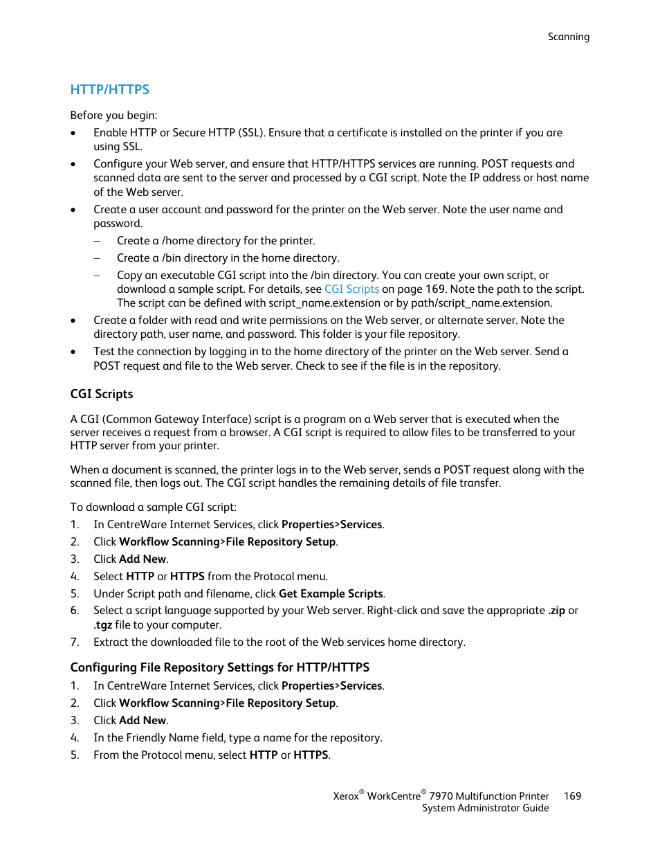 Http/https, Cgi scripts | Xerox WorkCentre 7970-2606 User Manual | Page 169 / 268