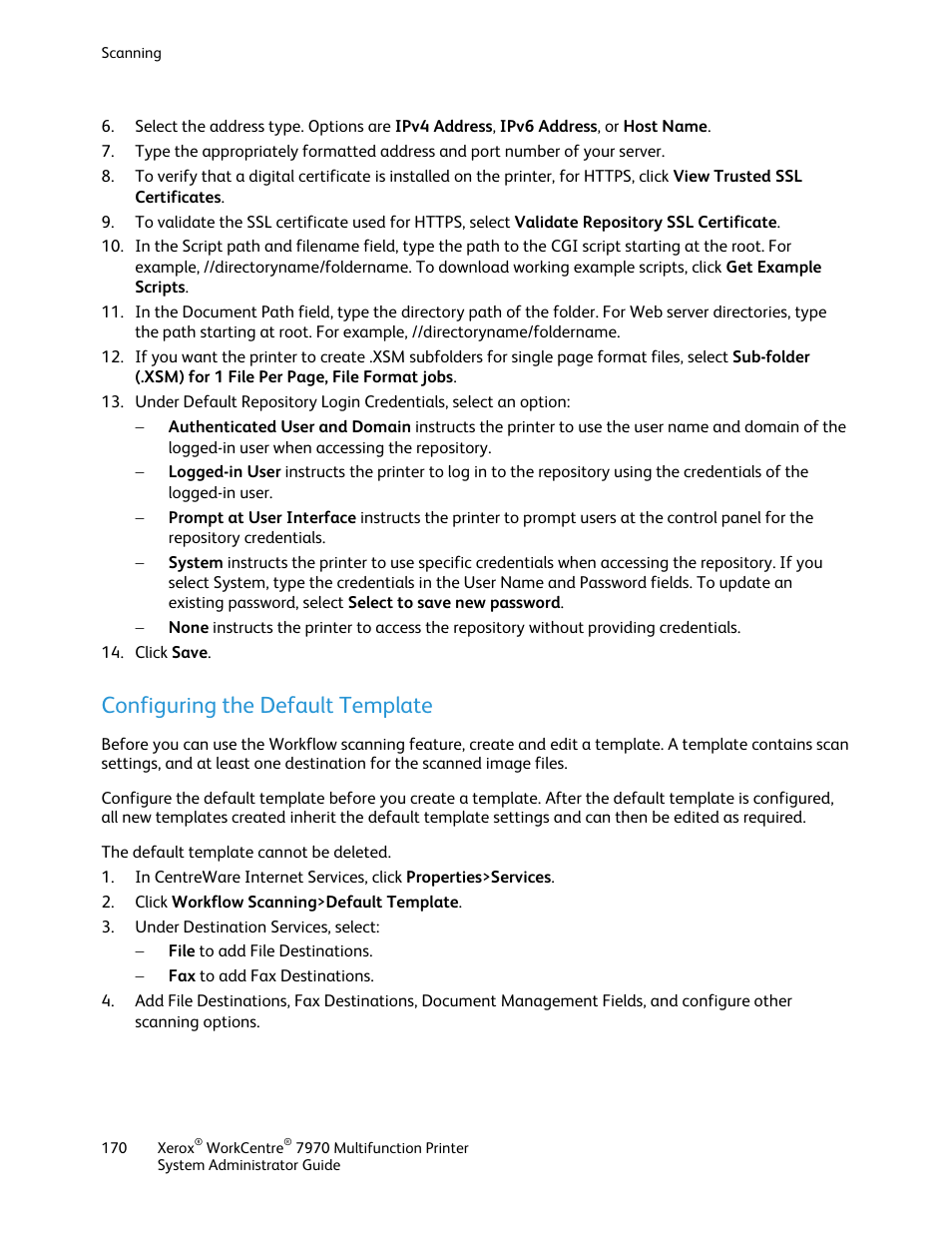 Configuring the default template | Xerox WorkCentre 7970-2606 User Manual | Page 170 / 268