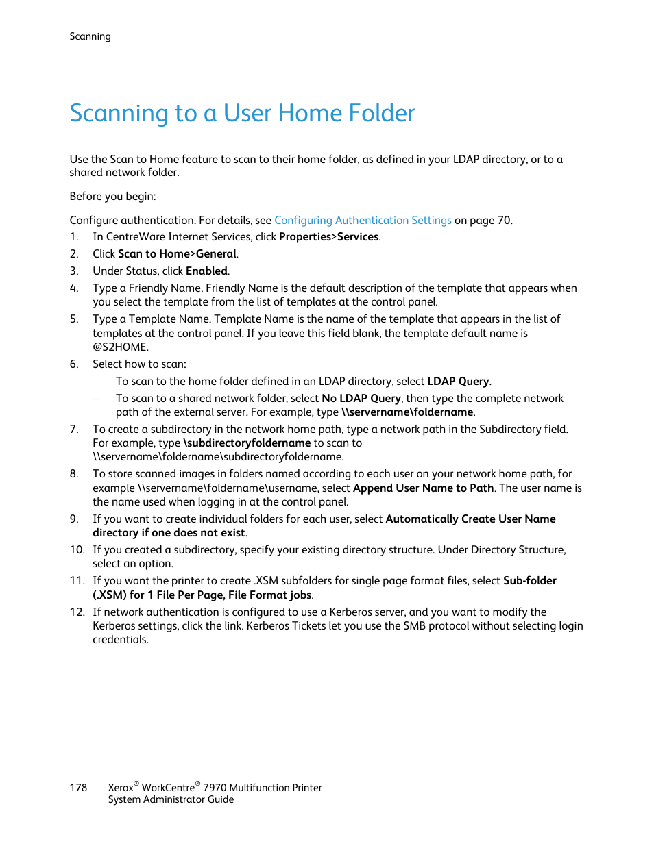 Scanning to a user home folder | Xerox WorkCentre 7970-2606 User Manual | Page 178 / 268