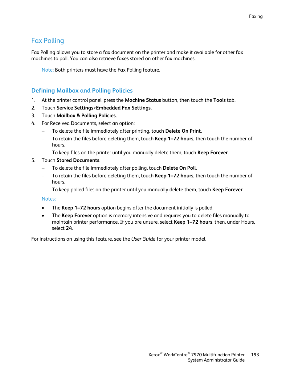 Fax polling, Defining mailbox and polling policies | Xerox WorkCentre 7970-2606 User Manual | Page 193 / 268