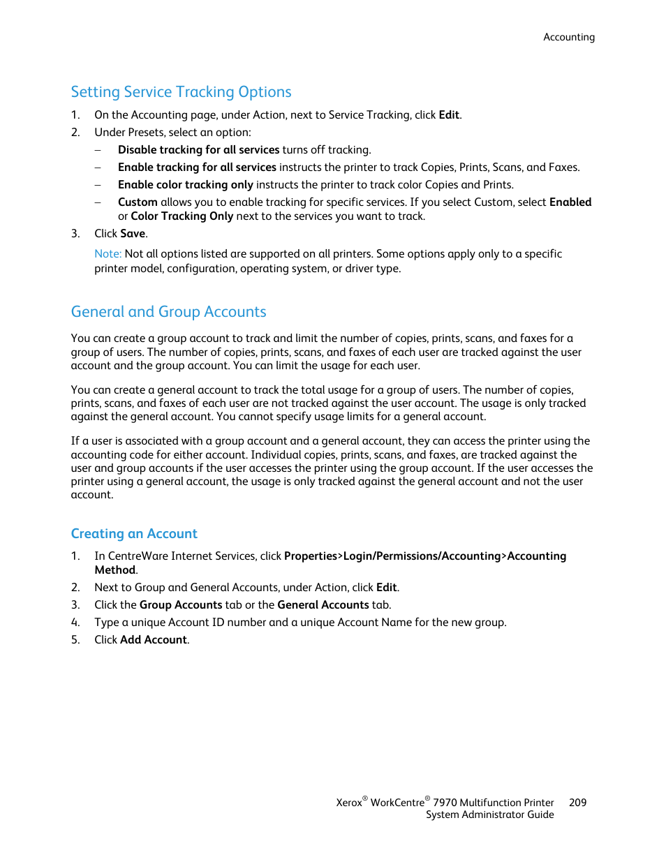 Setting service tracking options, General and group accounts, Creating an account | Xerox WorkCentre 7970-2606 User Manual | Page 209 / 268