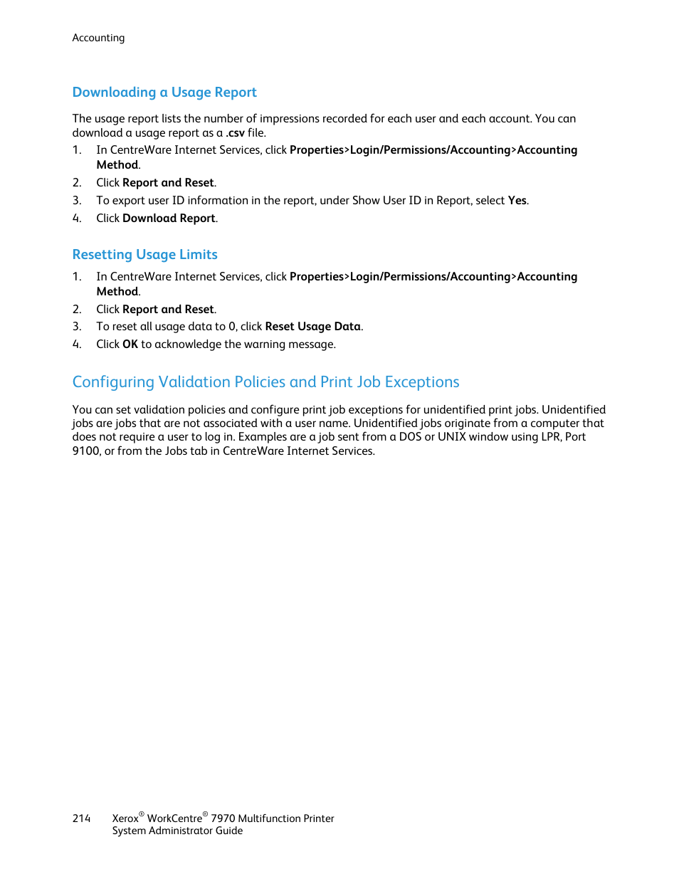 Downloading a usage report, Resetting usage limits | Xerox WorkCentre 7970-2606 User Manual | Page 214 / 268