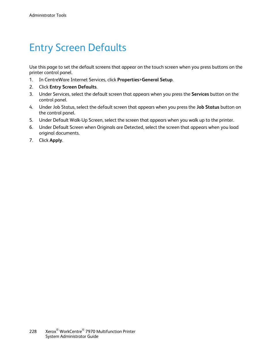 Entry screen defaults | Xerox WorkCentre 7970-2606 User Manual | Page 228 / 268