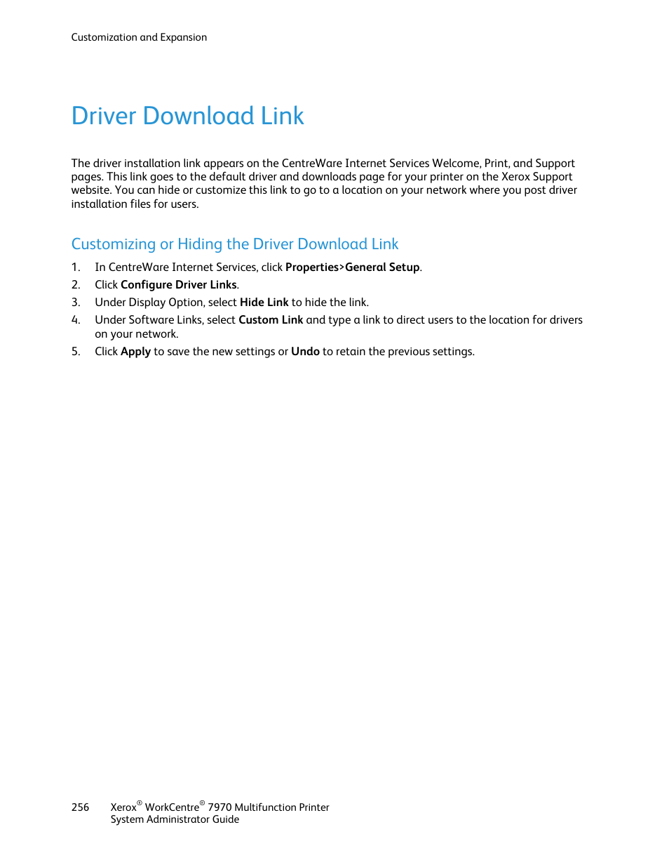 Driver download link, Customizing or hiding the driver download link | Xerox WorkCentre 7970-2606 User Manual | Page 256 / 268